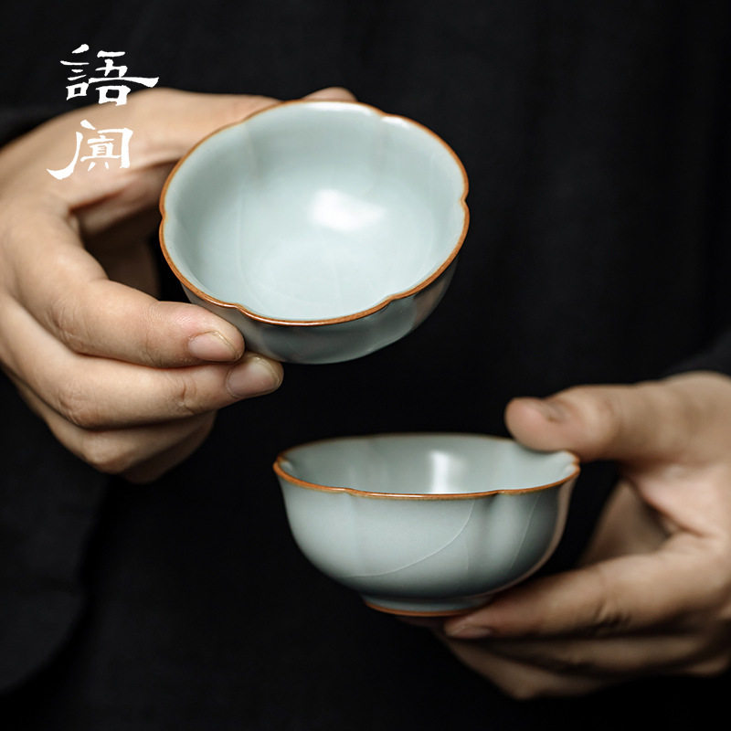 台湾丰子汝窑茶杯对杯汝瓷品茗杯陶瓷开片可养青瓷茶盏手工陶瓷