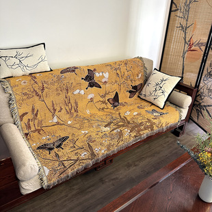 新中式百蝶图编织线毯复古花卉挂毯民宿装饰沙发毯盖毯墙面挂毯画