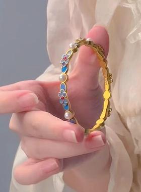 古法点翠蓝粉撞色手镯梦幻少女心民族风高级轻奢复古手环百搭饰品