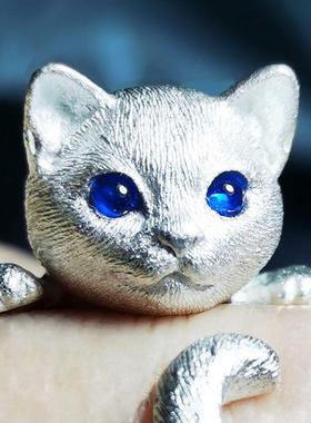 原创纯手工萌猫咪开口戒指 眼睛镶嵌圣诞情人创意礼物轻奢时尚