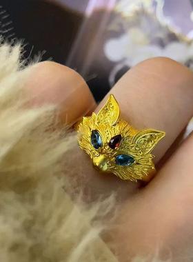 黄金色戒指时尚古法金色国潮通勤首饰新妲己狐狸戒指精致经典