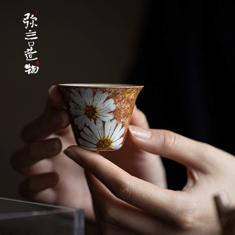 弥言莫奈风粉引手绘雏菊茶杯家用日式闻香聚香品茗杯手工陶瓷单杯