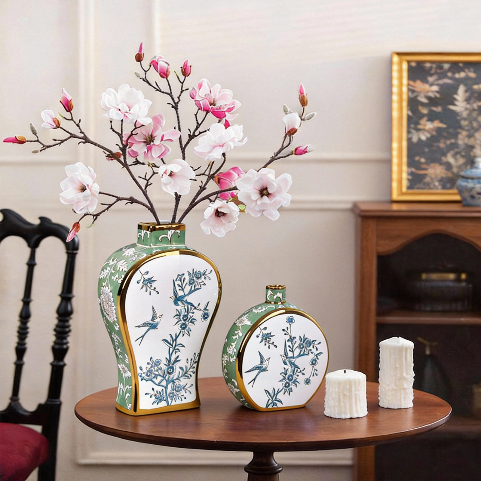 新中式青花瓷花瓶釉下彩镀金插花花瓶摆件家居客厅玄关工艺装饰品