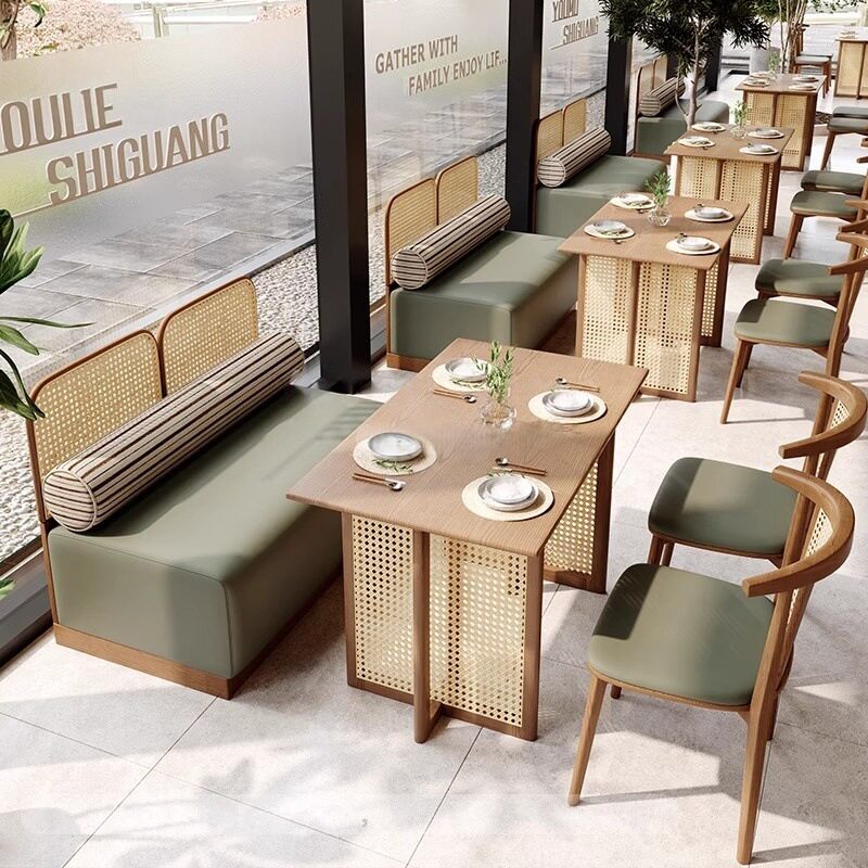 主题餐厅实木卡座沙发定制西餐厅靠墙卡座沙发茶楼饭店藤编沙发