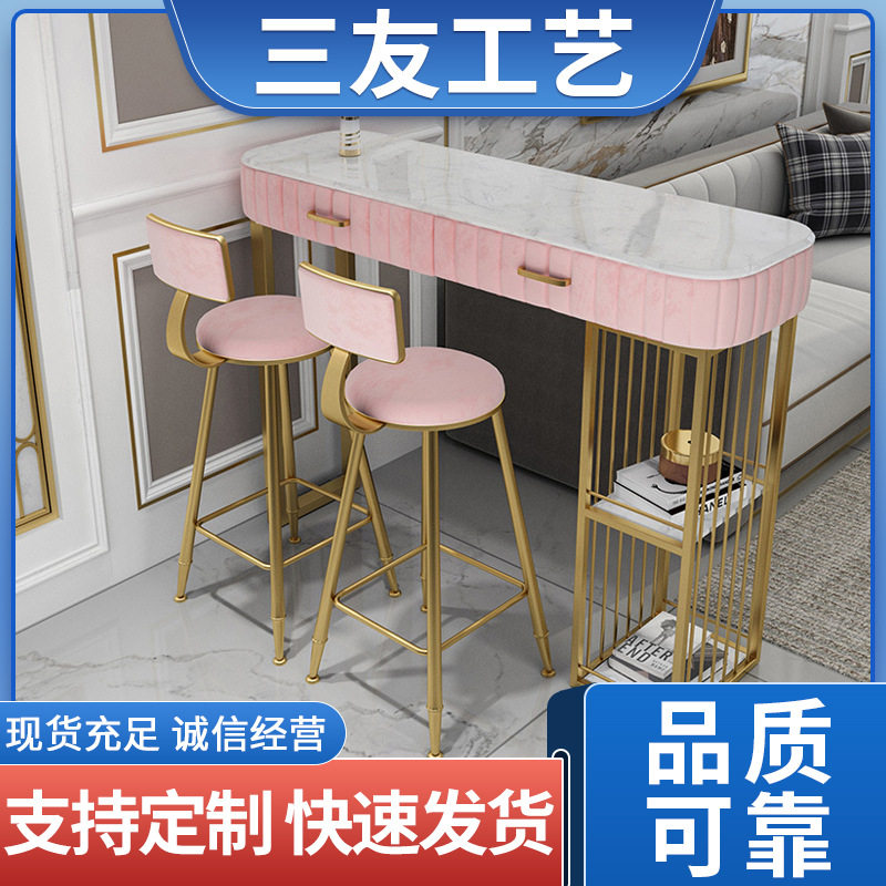 北欧客厅隔断大理石小吧台带抽屉家用创意岩板金属简约高脚桌椅