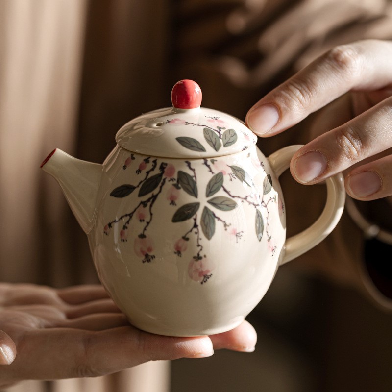 草木灰釉下手绘落花妙品壶小茶壶陶瓷家用泡茶器高档茶室泡茶壶