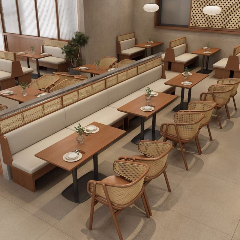 烘焙店餐饮店咖啡厅桌椅组合连锁主题餐厅西餐厅实木编藤卡座沙发