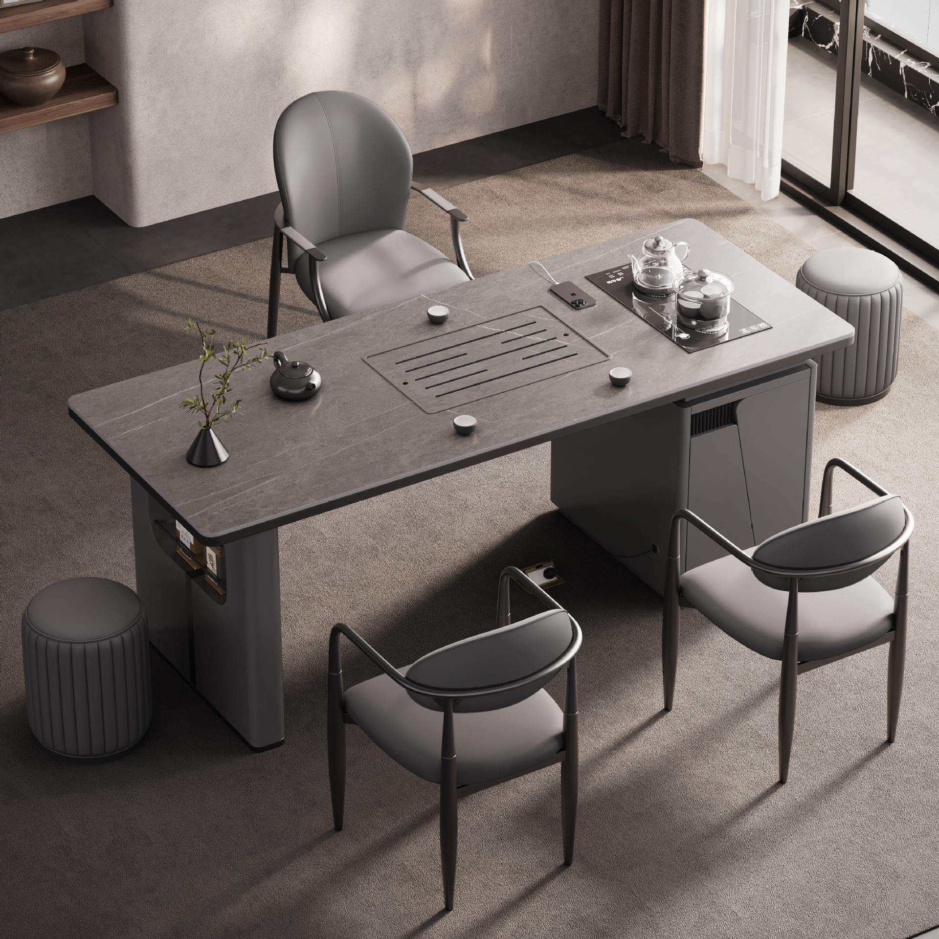 意式风岩板茶桌现代简约轻奢茶台客厅家用办公室泡茶桌椅组合一体