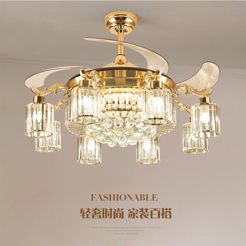 欧式水晶隐形风扇灯客厅吊灯卧室餐厅吊扇灯北欧简约智能风扇灯