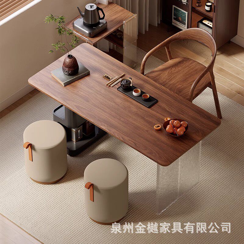 胡桃木实木茶桌家用小茶台办公室创意亚克力悬浮桌实木茶桌椅组合
