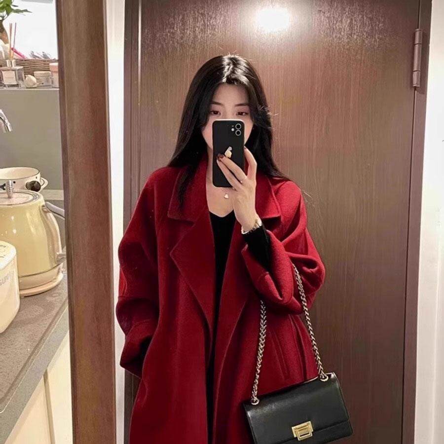 德国轻奢西西里红色双面羊绒大衣秋冬季新款婚敬酒服羊毛呢子外套