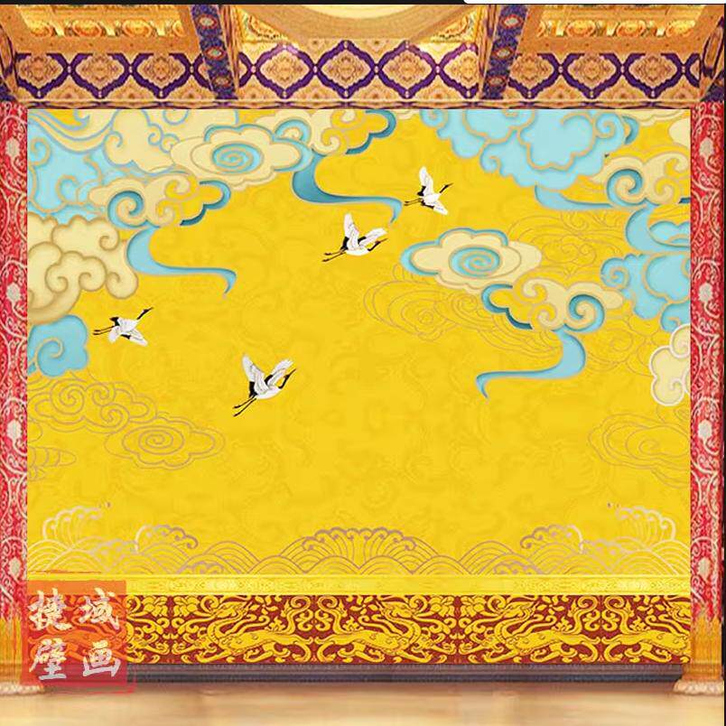 中式佛堂金色仙鹤祥云花纹墙纸客厅寺庙翻新装修吊顶壁纸神台壁布