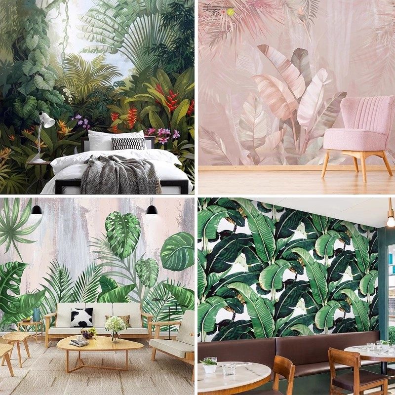 北欧ins民宿卧室客厅墙纸东南亚风格酒店餐厅粉色植物芭蕉叶壁纸,家装主材,定制壁画,淘宝优惠券,粉丝福利购,淘宝优惠卷