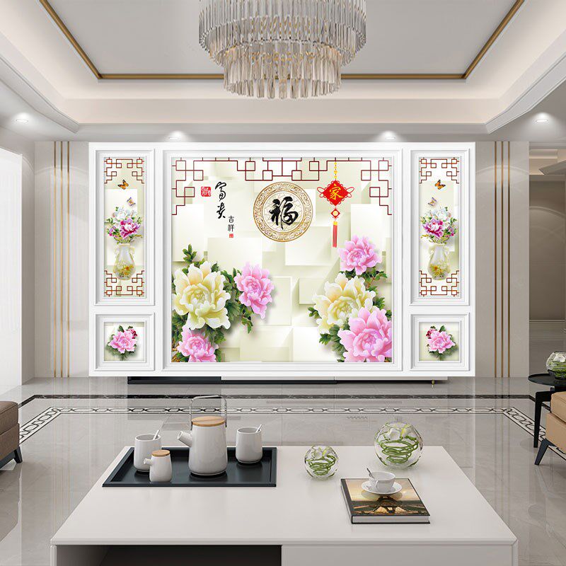 五宫格电视背景墙壁纸立体墙纸大气客厅装饰壁画影视墙布自带边框