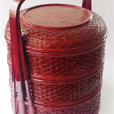 竹编送餐篮 结婚食盒 圆形三层外卖手提篮拜拜篮酒店用送餐盒套篮