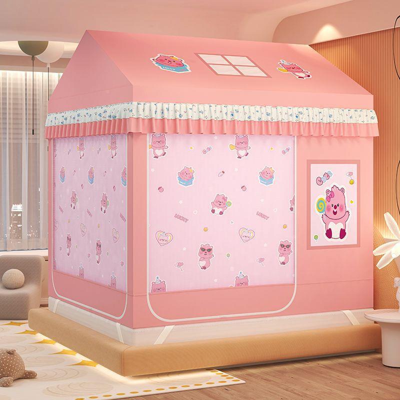 DFBL新款坐床帐三开门遮光床一体式防帐尘床幔帘蚊儿童篷防掉床卡