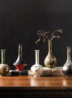 新中式禅意白色鎏金宋代美学插花器天球瓶样板间茶桌茶台摆件花瓶