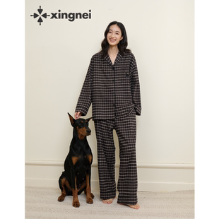 条纹黑色亲肤可外穿家居服 2025新款 形内睡衣女格子套装 纯棉春秋季
