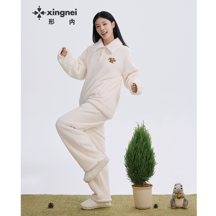 形内睡衣女套装双面棉花绒保暖珊瑚绒冬款2024新款加厚加绒家居服