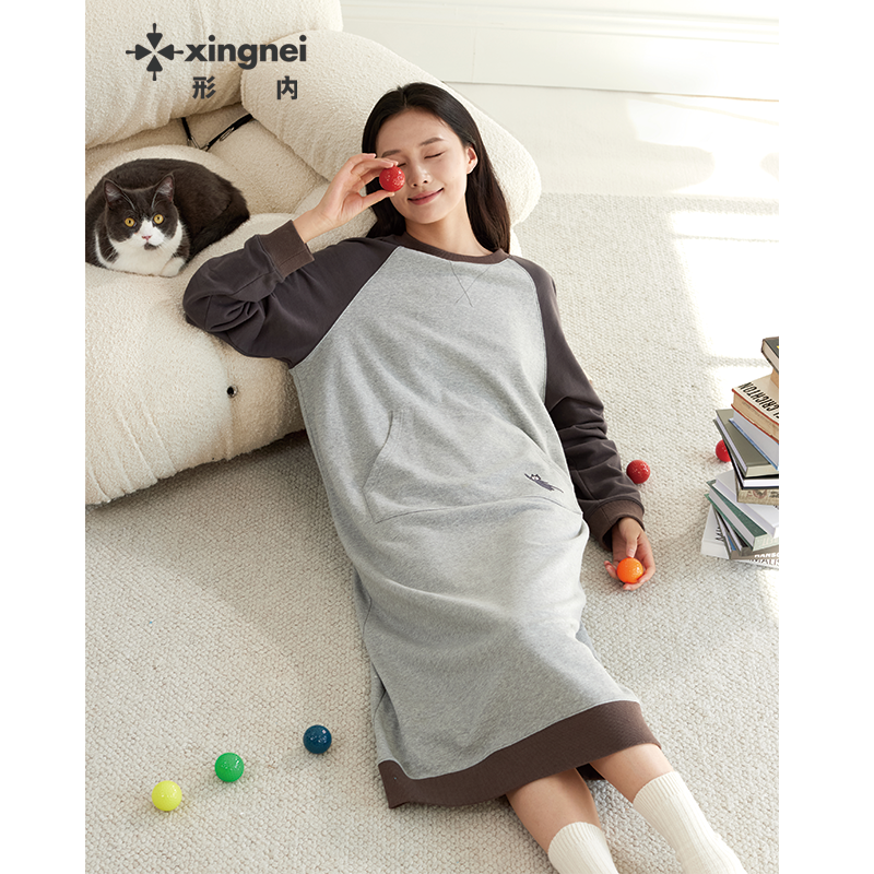 形内睡裙女纯棉拼接纯色春秋款2025新款秋季中长款可外穿居家睡衣,女士内衣/男士内衣/家居服,睡裙,淘宝优惠券,粉丝福利购,淘宝优惠卷