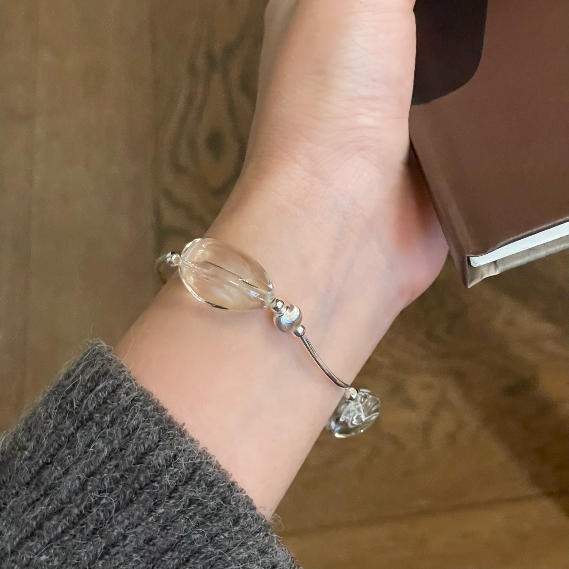 纯银猫眼拉丝白水晶手链