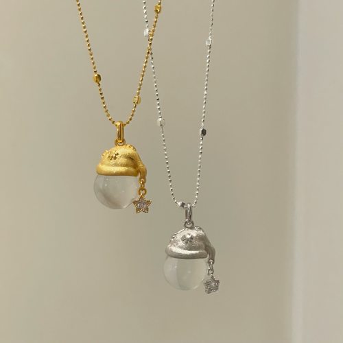 纯银白水晶星星圣诞帽项链