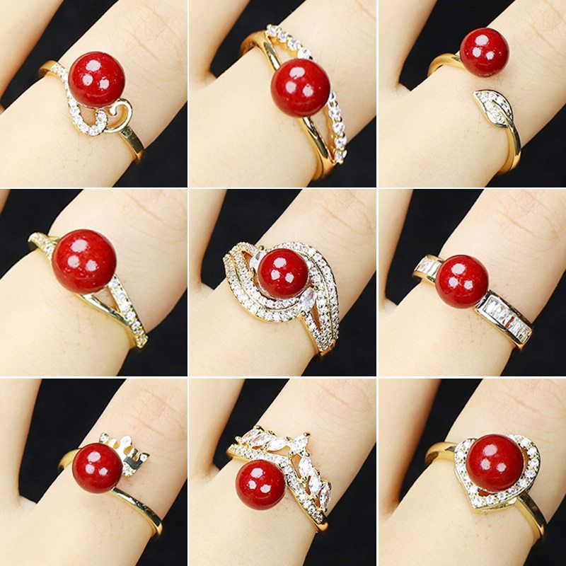 新款爆款高含量朱砂半孔圆珠指环紫金砂镶嵌金色久不掉色戒指