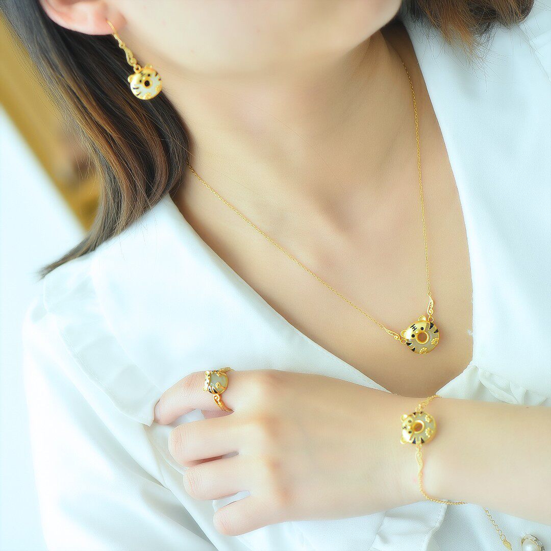 s925银镶和田玉平安扣老虎四件套手链白玉项链戒指耳钉套装2621