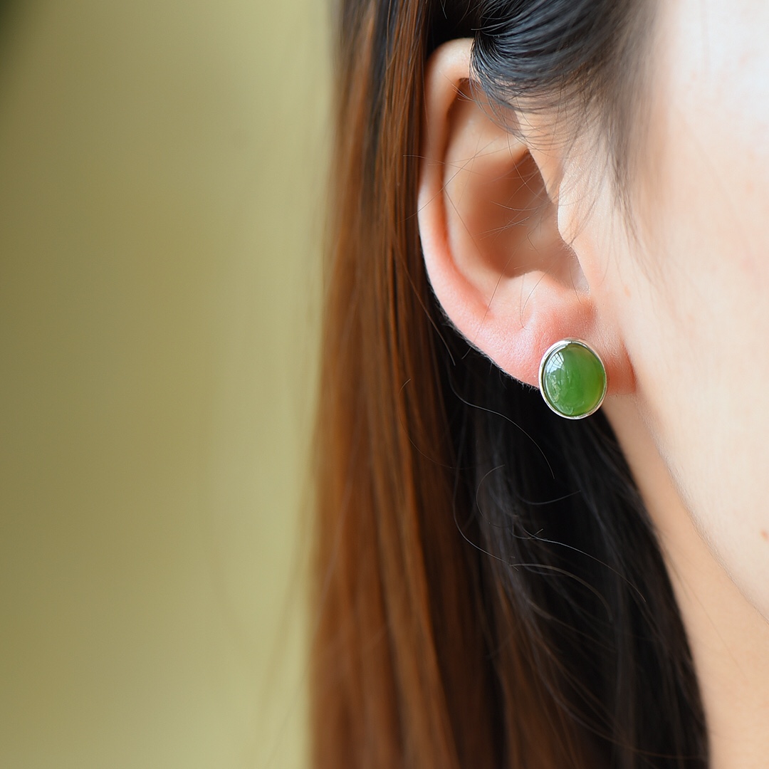 s925银镶和田玉碧玉时尚耳钉