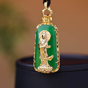 铜镶嵌绿玉髓平安牌站观音观音吊坠挂饰颈饰国潮风挂件国风20824