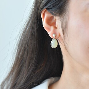s925银镶和田玉水滴配珍珠耳坠耳饰白玉优雅女款 简约精致轻奢2829
