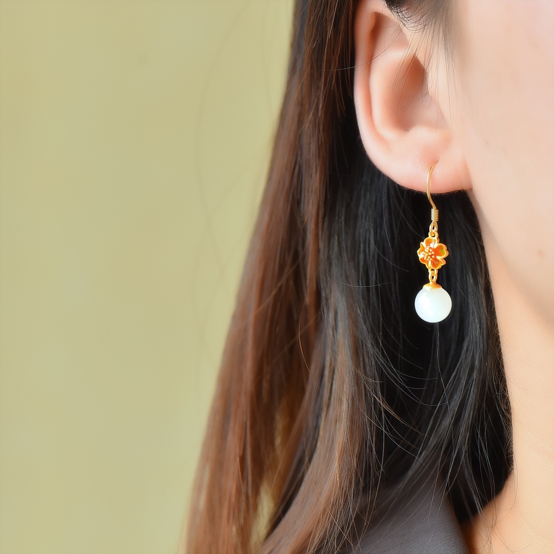 s925银镶和田玉珐琅珠子耳坠 【编号】2162-6#