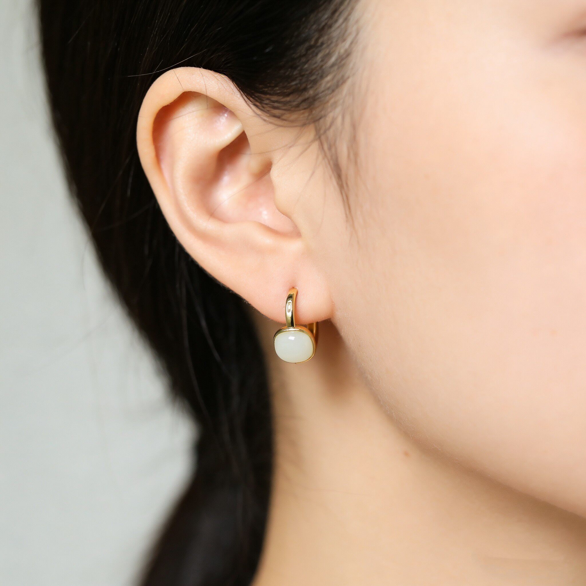 s925银镶和田玉方形耳扣简约耳饰耳环白玉耳钩优雅女士送礼8175