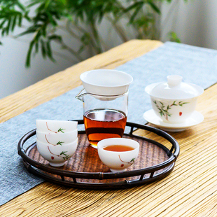 家用G简约带碗托茶漏便携式 德化白瓷盖碗旅行茶具家庭小套装 快客