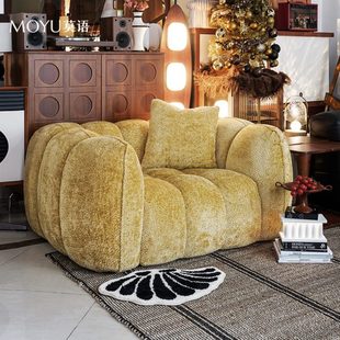 客厅复古黄沙发椅奶油色系卧室小沙发 复古南瓜单人沙发 莫语 法式