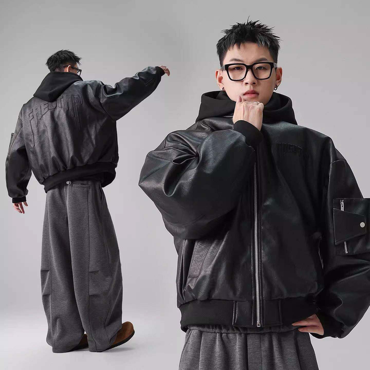 可拆卸连帽飞行员男冬季设计感PU皮衣羽绒服痞帅棒球服羽绒外套潮