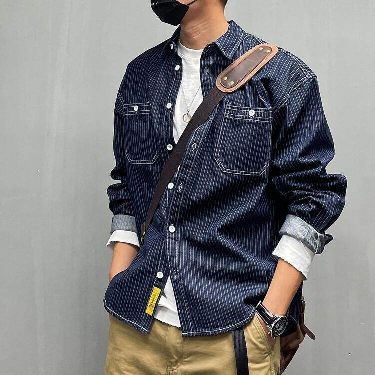 美式复古休闲宽松条纹牛仔长袖衬衫男春秋季潮牌男装百搭衬衣外套