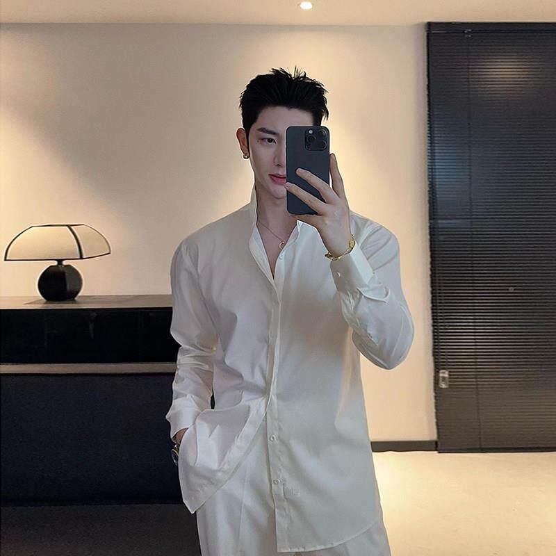设感高领衬衬衫YQ250526新男长袖轻奢立领中式计男装高级感痞帅垂