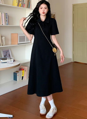 简约风POLO领短袖连衣裙女黑色显瘦遮肉学院风长裙