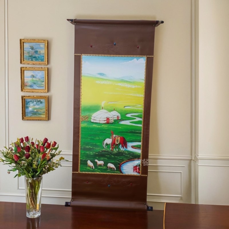 蒙古元素挂画装饰画竖版高档次卷D轴画动物风景民族特色挂墙皮画图片