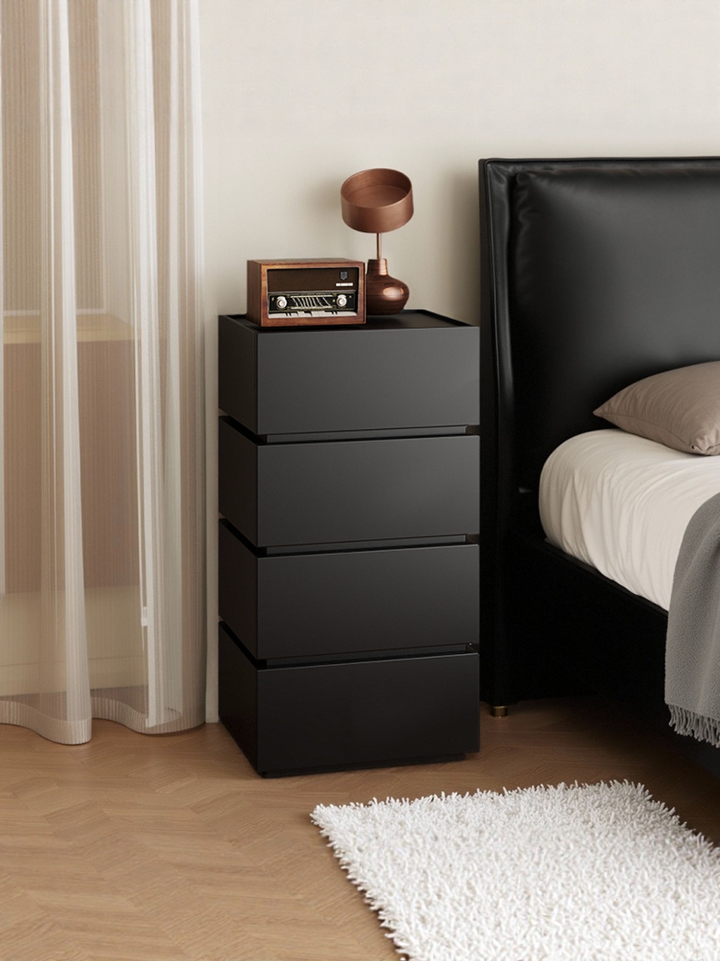 轻奢实木家庭卧室壁柜、床头柜、沙发、侧柜、抽屉式四抽屉柜、储