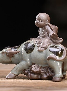 创意田园古风陶瓷牧童骑牛童子小摆件人物花宠植物盆造景桌面摆设