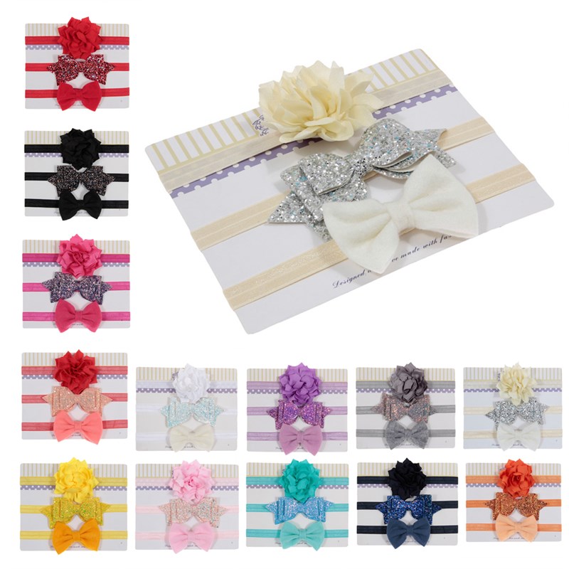 New 3pcs/lot Sequin Felt Bow Lotus Flower Elastic Headbands