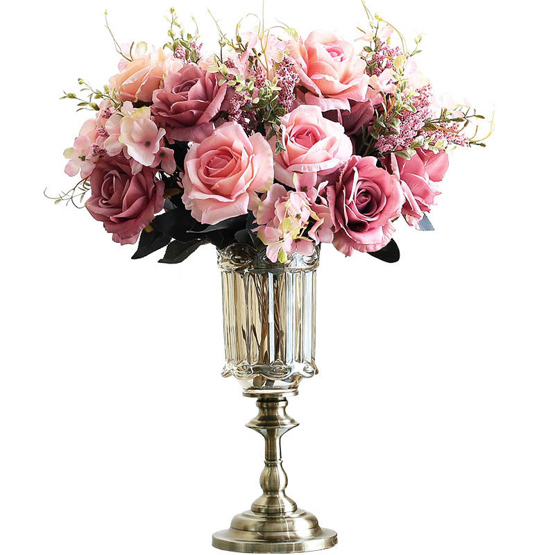 欧式餐桌乾燥花装饰品玻璃花瓶摆件法式轻奢客厅摆设美式茶几插花