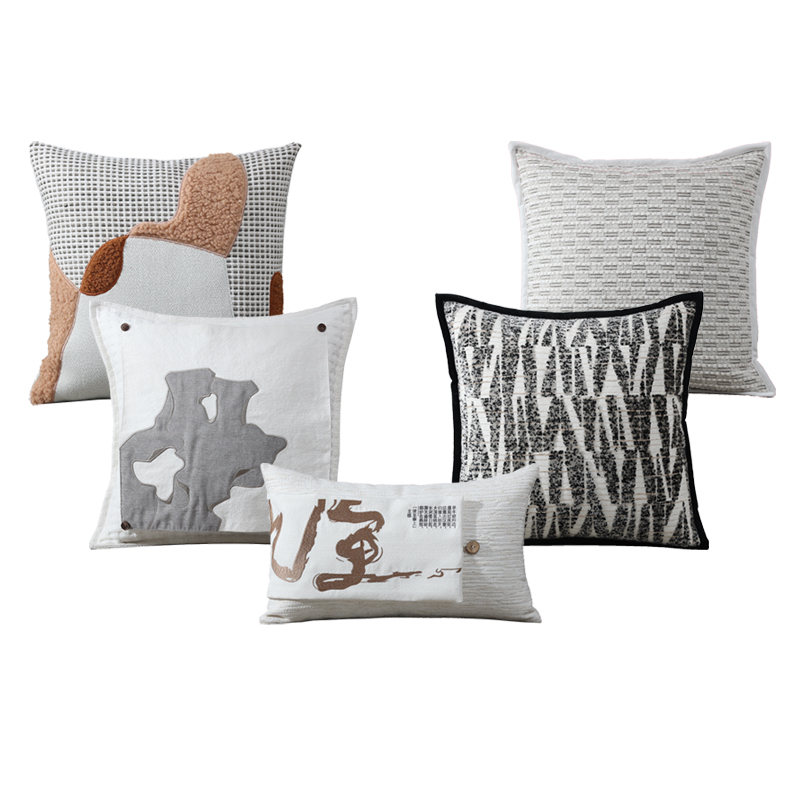 现代新中式沙发抱枕样板房客厅米金色创意绣花靠垫床头靠枕腰枕套