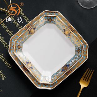轻奢八角盘骨瓷7英寸8英寸方形盘盘子浮雕餐具盘子碟子餐盘异形盘