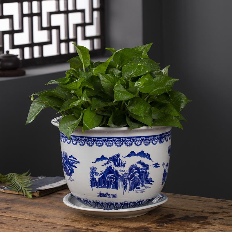 景德镇陶瓷田园花卉绿植盆栽盆花钵发财树绿萝兰桂花盆带托盘地面