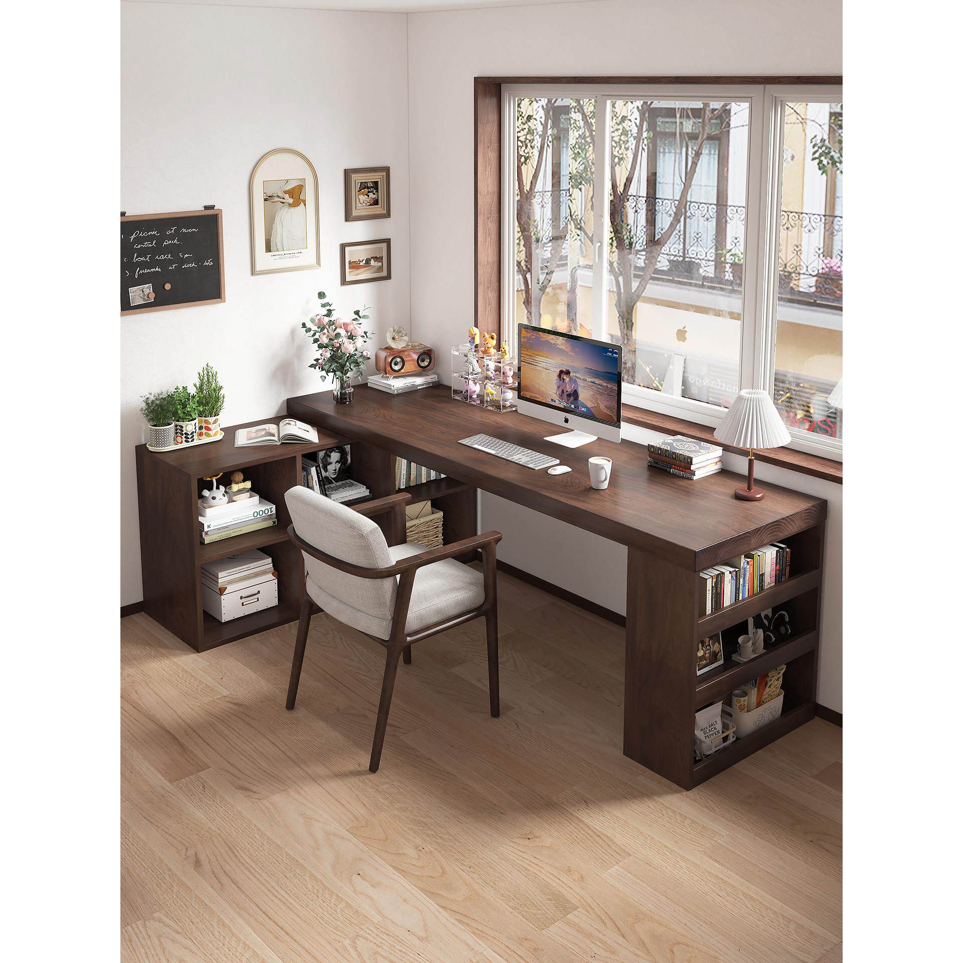 实木转角书桌书柜组合L型收纳办公工作台写字卧室家用拐角电脑桌