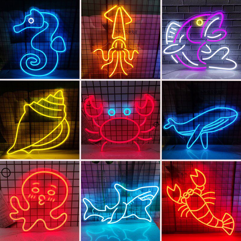 精选定制海洋水产霓虹灯鱼虾螃蟹鱿鱼章鱼装饰灯氛围灯摆摊饭店背
