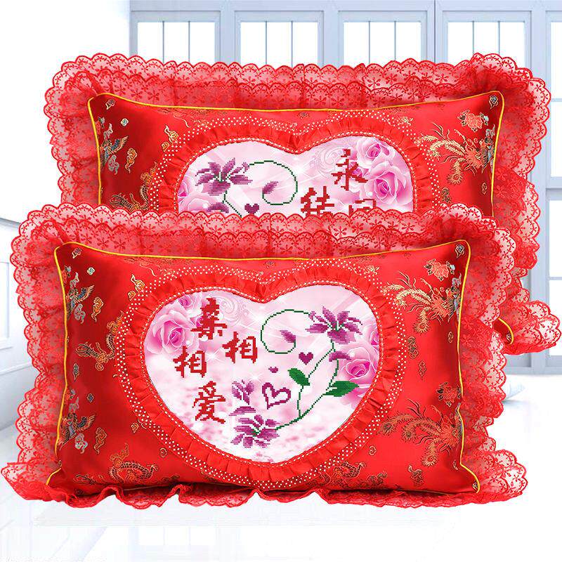 新款印花十字绣枕头套一对床头绣结婚枕床上双人枕情侣中式长抱枕